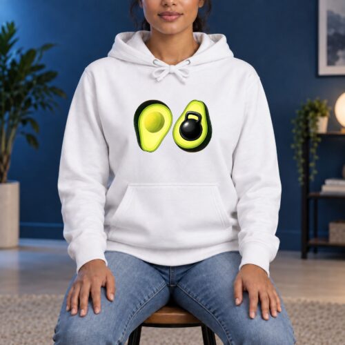 Avocado Kettlebell Hoodie, Funny Fitness Graphic Hoodie for Gym Lovers, Healthy Food Workout Strength Training and Weightlifting Design