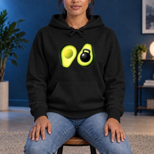 Avocado Kettlebell Hoodie, Funny Fitness Graphic Hoodie for Gym Lovers, Healthy Food Workout Strength Training and Weightlifting Design