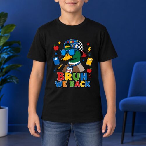 Funny Back to School Duck Bruh We Back Kids Shirt, Cool Mallard Student Youth Graphic Shirt, First Day of School Kids Tee