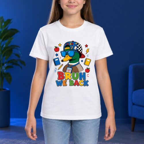 Funny Back to School Duck Bruh We Back Kids Shirt, Cool Mallard Student Youth Graphic Shirt, First Day of School Kids Tee