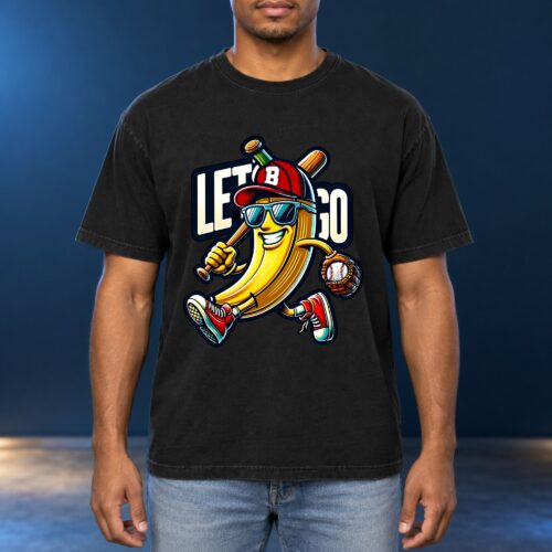 Funny Baseball Banana Let's Go Men's Comfort Colors Shirt, Cartoon Sports Graphic Tee for Baseball Fans and Game Day Humor