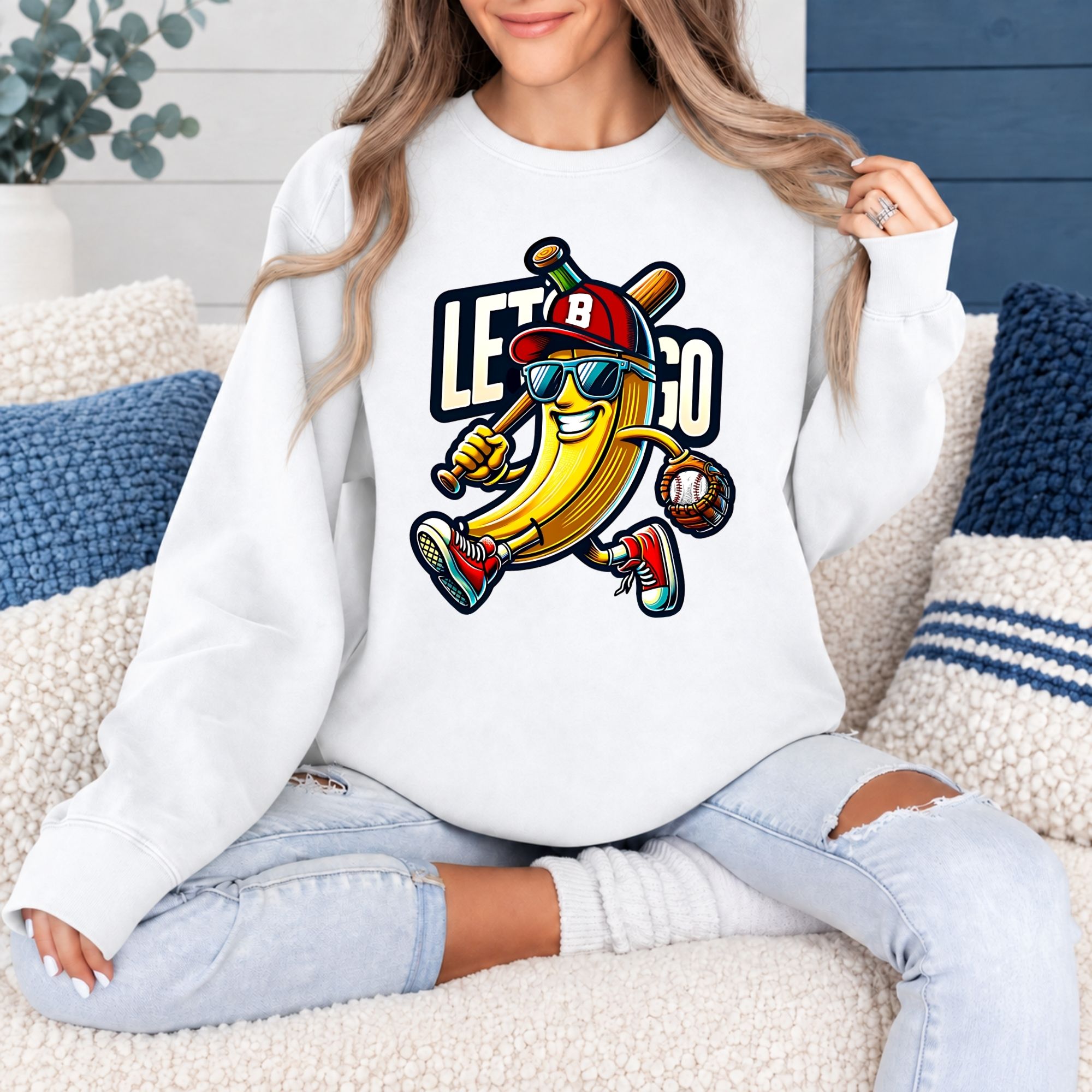Funny Baseball Banana Let's Go Women's Graphic Sweatshirt, Cartoon Sports Fan Design, Retro Baseball Lover Gift for Women - Image 2