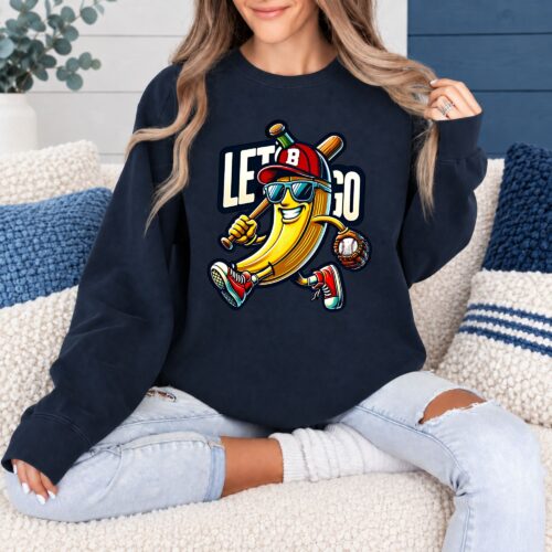 Funny Baseball Banana Let's Go Women's Graphic Sweatshirt, Cartoon Sports Fan Design, Retro Baseball Lover Gift for Women