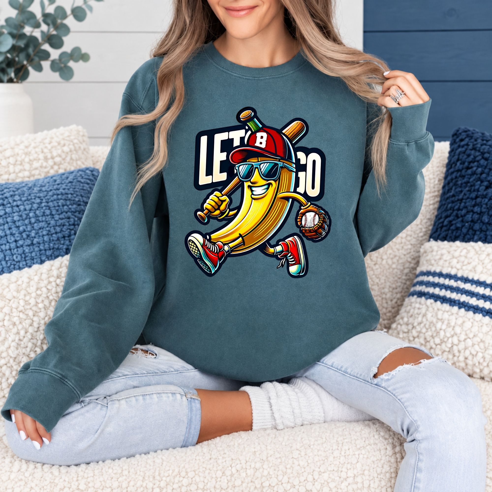Funny Baseball Banana Let's Go Women's Graphic Sweatshirt, Cartoon Sports Fan Design, Retro Baseball Lover Gift for Women - Image 6