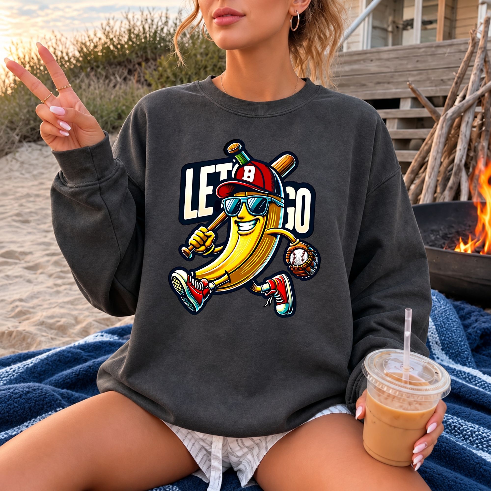 Funny Baseball Banana Let's Go Women's Graphic Sweatshirt, Cartoon Sports Fan Design, Retro Baseball Lover Gift for Women - Image 5