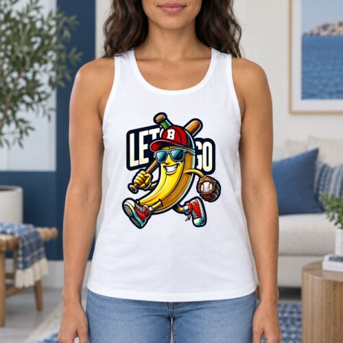 Funny Baseball Banana Women's Tank Top, Let's Go Cartoon Graphic Tank for Baseball Fans, Sporty Sunglasses Bat and Glove Design