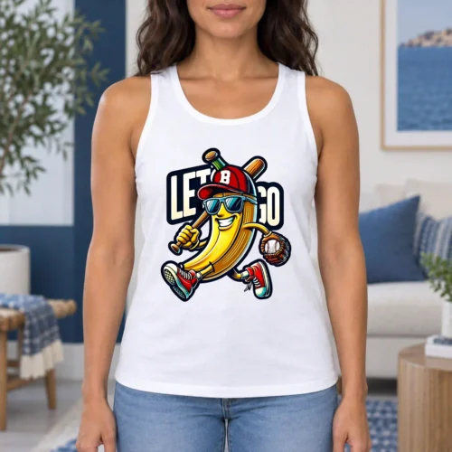 Funny Baseball Banana Women's Tank Top, Let's Go Cartoon Graphic Tank for Baseball Fans, Sporty Sunglasses Bat and Glove Design