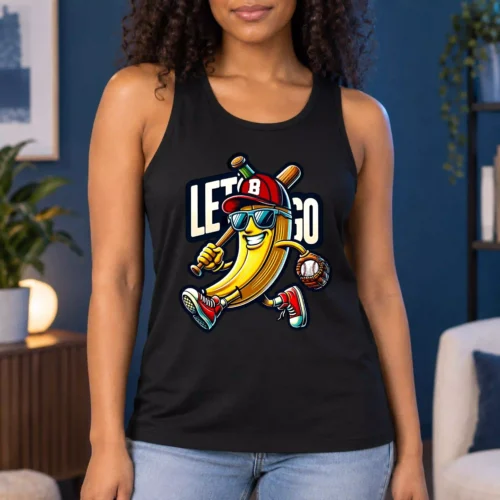 Funny Baseball Banana Women's Tank Top, Let's Go Cartoon Graphic Tank for Baseball Fans, Sporty Sunglasses Bat and Glove Design