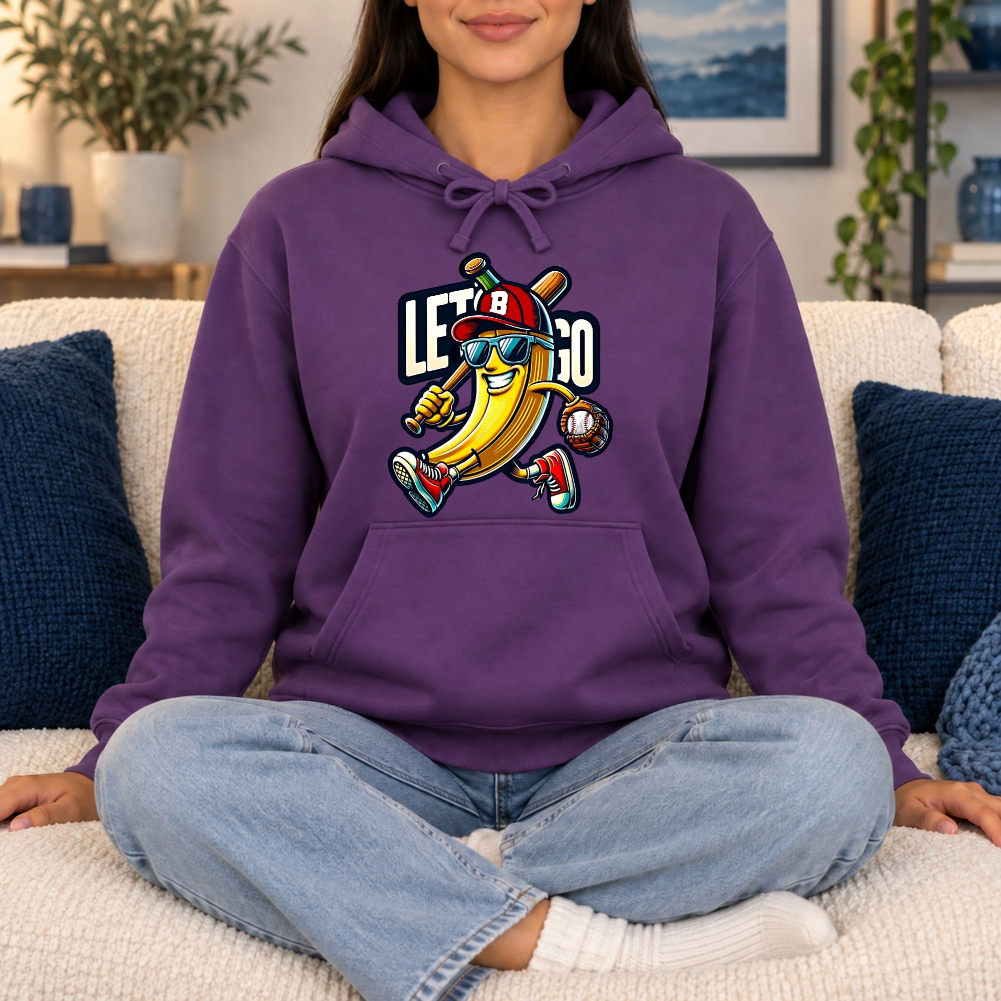 Funny Baseball Banana Hoodie, Let's Go Cartoon Graphic Hoodie for Baseball Fans, Sporty Game Day Banana with Bat Glove and Ball - Image 5