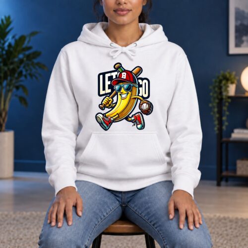 Funny Baseball Banana Hoodie, Let's Go Cartoon Graphic Hoodie for Baseball Fans, Sporty Game Day Banana with Bat Glove and Ball
