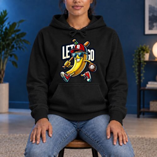 Funny Baseball Banana Hoodie, Let's Go Cartoon Graphic Hoodie for Baseball Fans, Sporty Game Day Banana with Bat Glove and Ball