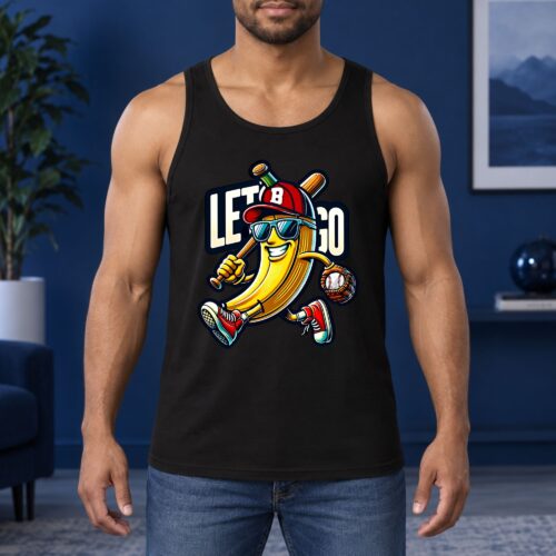Funny Baseball Banana Let's Go Men's Tank Top, Cartoon Sports Graphic Tank for Baseball Fans, Players and Game Day Humor