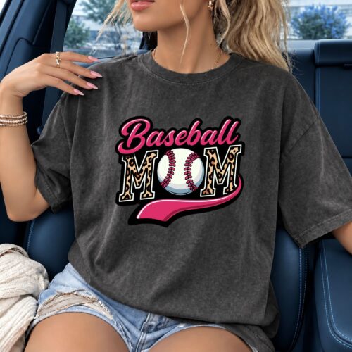 Baseball Mom Women's Comfort Colors Shirt, Pink Leopard Baseball Graphic Tee for Proud Sports Moms, Game Day Baseball Fan Shirt