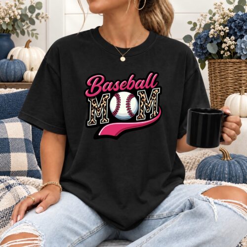 Baseball Mom Women's Comfort Colors Shirt, Pink Leopard Baseball Graphic Tee for Proud Sports Moms, Game Day Baseball Fan Shirt