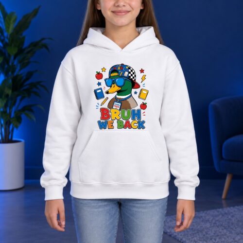 Bruh We Back Funny Duck Back to School Kids Hoodie, Cool Sunglasses Cartoon Youth Graphic Hoodie for Students and School Kids