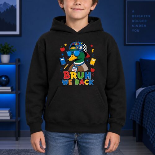 Bruh We Back Funny Duck Back to School Kids Hoodie, Cool Sunglasses Cartoon Youth Graphic Hoodie for Students and School Kids