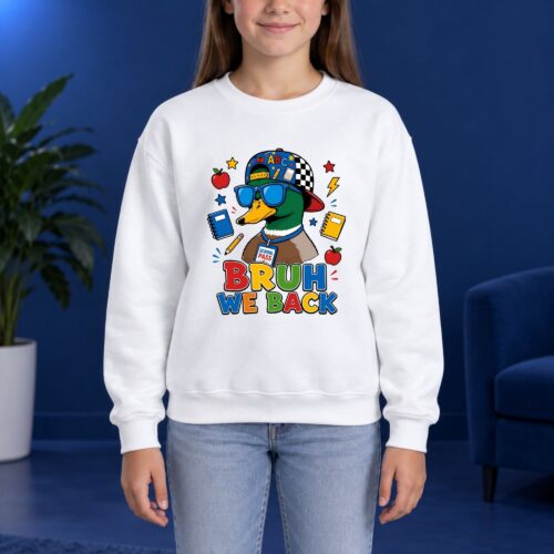 Funny Back to School Duck Bruh We Back Youth Kids Sweatshirt, Cool Cartoon Mallard School Graphic for Students and Classroom Style