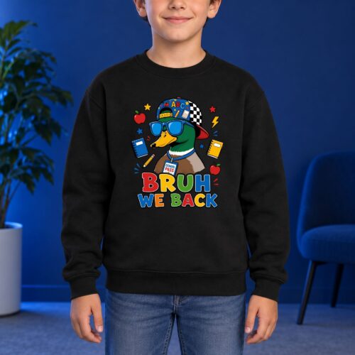 Funny Back to School Duck Bruh We Back Youth Kids Sweatshirt, Cool Cartoon Mallard School Graphic for Students and Classroom Style