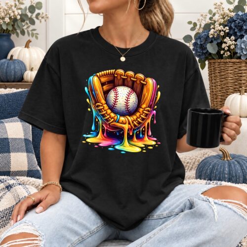 Colorful Baseball Glove Women's Comfort Colors Shirt, Rainbow Paint Drip Baseball Graphic Tee, Bright Game Day Sports Fan Shirt