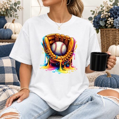 Colorful Baseball Glove Women's Comfort Colors Shirt, Rainbow Paint Drip Baseball Graphic Tee, Bright Game Day Sports Fan Shirt