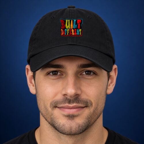 Built Different Men's Hat, Colorful Bold Typography Graphic Hat, Motivational Statement Baseball Hat for Men, Retro Style Cap