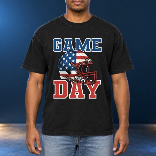 Game Day American Football Men's Comfort Colors Shirt, Patriotic USA Flag Helmet Graphic Tee for Football Fans and Sports Lovers