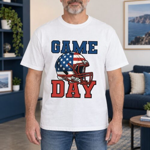 Game Day American Football Men's Comfort Colors Shirt, Patriotic USA Flag Helmet Graphic Tee for Football Fans and Sports Lovers