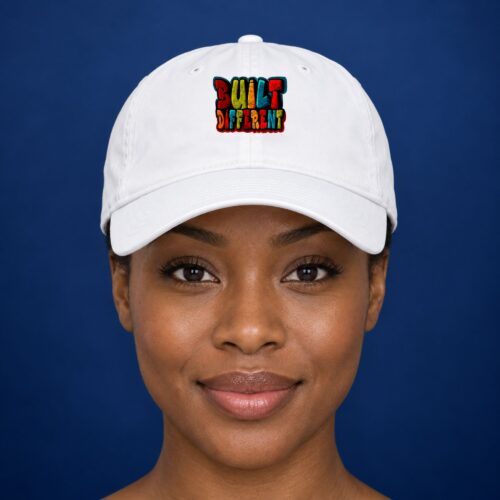 Built Different Women's Hat, Colorful Retro Typography Graphic Baseball Hat for Bold Confidence, Unique Style and Positive Vibes